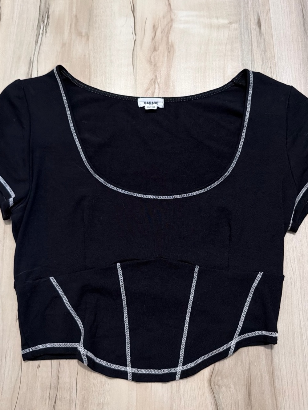 Garage Black Crop Top with Contrast White Stitching
